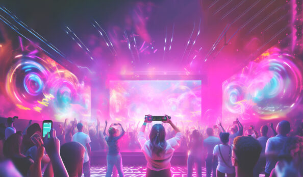 Music Festival in Barbie style pink. DJ creating soundscapes in holographic neon-lit virtual colors. Banner. Generative Ai content
