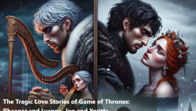 A banner depicting the tragic love stories of Game of Thrones, featuring Jon Snow, Rhaegar Targaryen, Ygritte, and Lyanna Stark.
