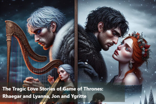 A banner depicting the tragic love stories of Game of Thrones, featuring Jon Snow, Rhaegar Targaryen, Ygritte, and Lyanna Stark.