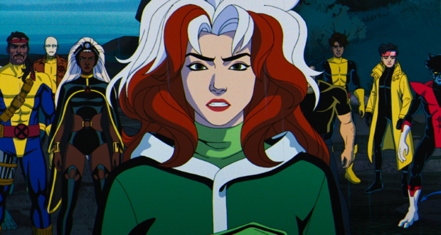 (L-R): Beast (voiced by George Buza), Forge (voiced by Gil Birmingham), Morph (voiced by JP Karliak), Storm (voiced by Alison Sealy-Smith), Rogue (voiced by Lenore Zann), Wolverine (voiced by Cal Dodd), Roberto Da Costa (voiced by Gui Agustini), Jubilee (voiced by Holly Chou), and Nightcrawler (voiced by Adrian Hough) in Marvel Animation's X-MEN '97. Photo courtesy of Marvel Animation. © 2024 MARVEL.