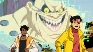 (L-R): Roberto Da Costa (voiced by Gui Agustini), Mojo, and Jubilee (voiced by Holly Chou) in Marvel Animation's X-MEN '97. Photo courtesy of Marvel Animation. © 2024 MARVEL.